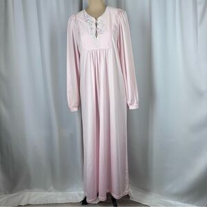 Shadowline Vtg Nightgown Sz S Long Pink Embroidered Puff Sleeve Trad Wife Cottag